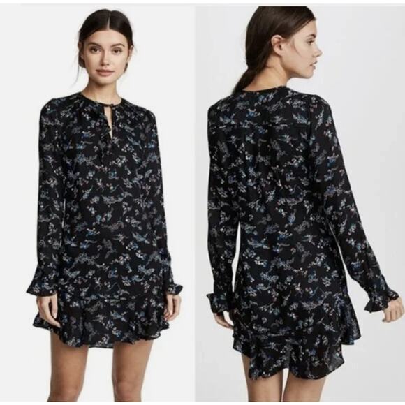 VERONICA BEARD Preston Floral Ruffle Print Silk Mini Dress Black Ruffled Size 10 - Picture 1 of 10